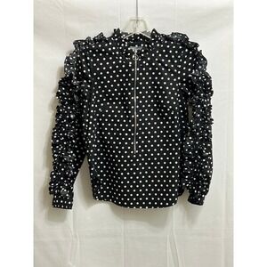 Greyson Womens XS Black White Polka Dot Ruffle Half Zip Blouse Mock Neck Top